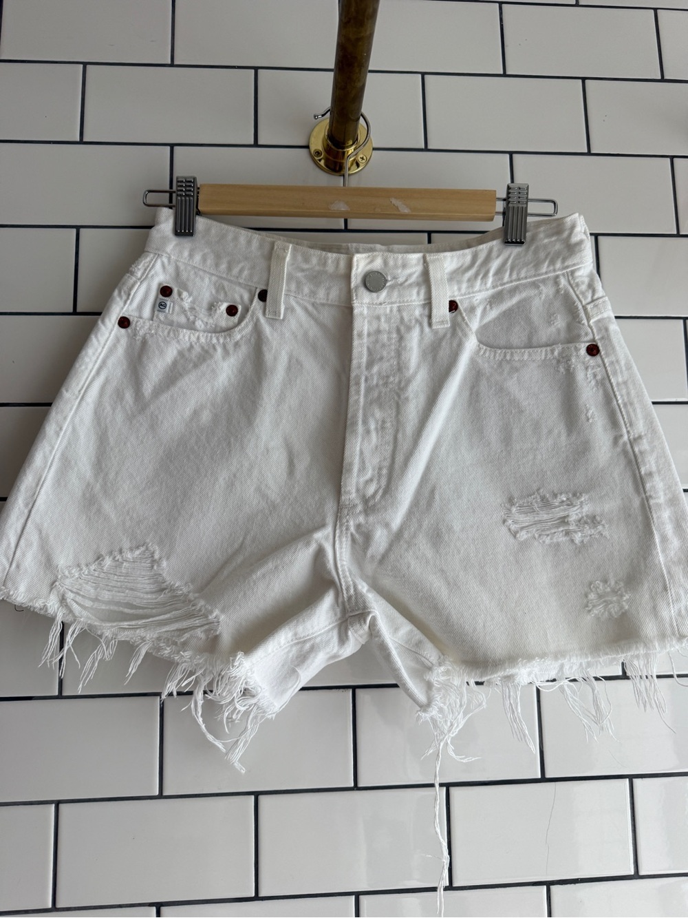 AG Adriano Goldschmied White Distressed High Rise Denim Shorts
